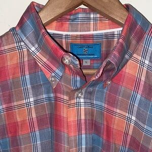 Castaway Nantucket pink blue coral Madras plaid cotton button down shirt Sz L